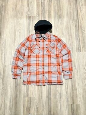DIXXON Orange and Gray Plaid Hooded Shirt Jacket